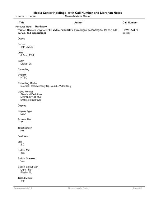 Media Center Holdings- with Call Number and ... - Monarch School