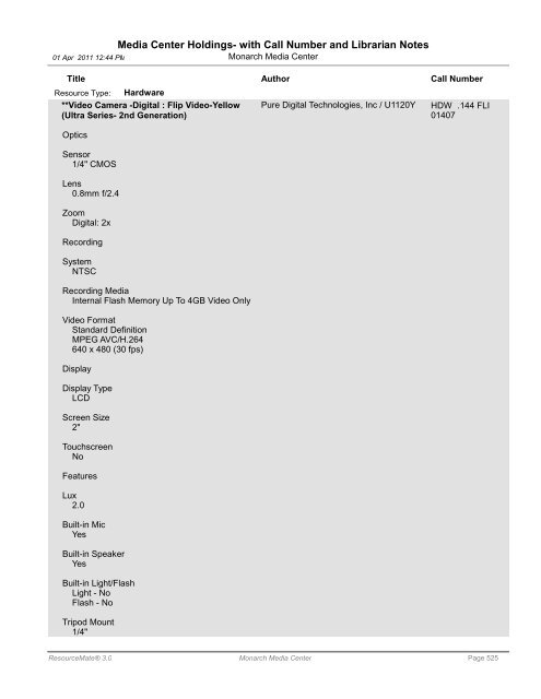 Media Center Holdings- with Call Number and ... - Monarch School