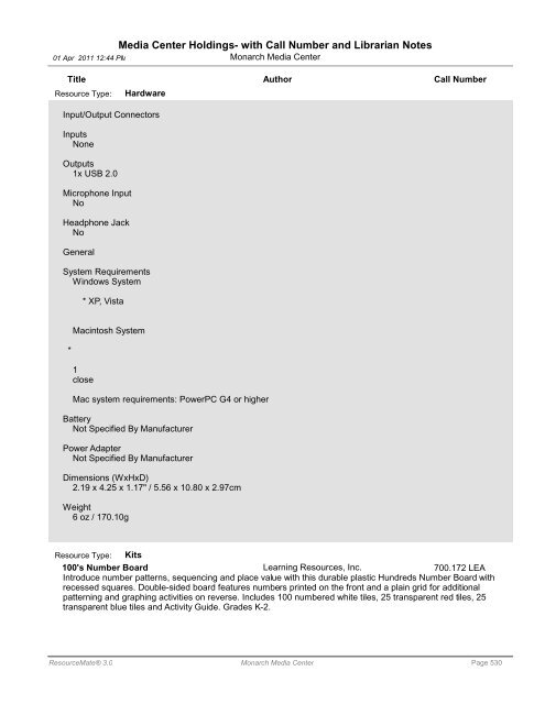 Media Center Holdings- with Call Number and ... - Monarch School