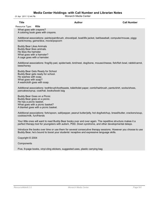 Media Center Holdings- with Call Number and ... - Monarch School