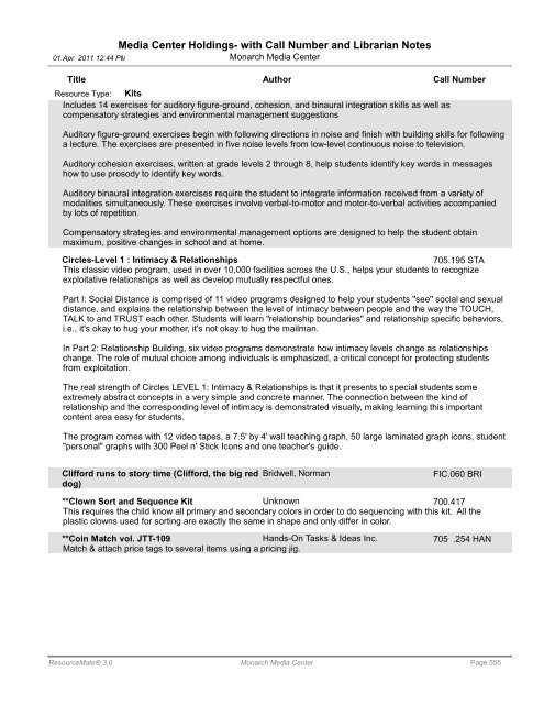 Media Center Holdings- with Call Number and ... - Monarch School