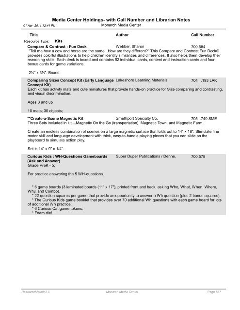 Media Center Holdings- with Call Number and ... - Monarch School