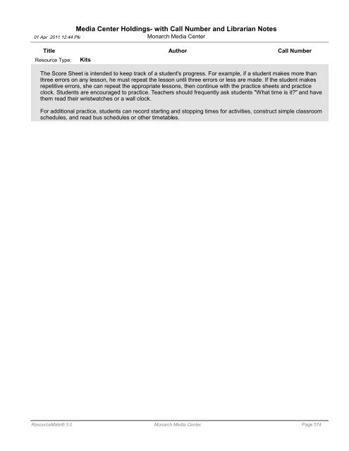 Media Center Holdings- with Call Number and ... - Monarch School