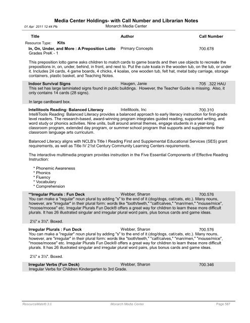 Media Center Holdings- with Call Number and ... - Monarch School