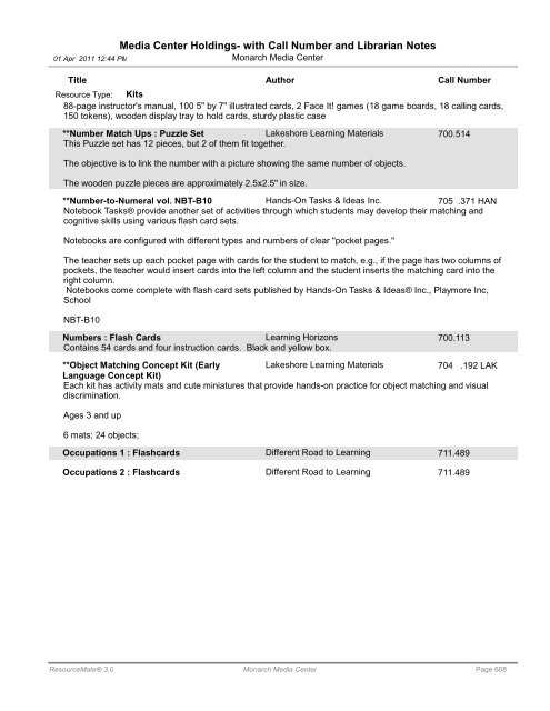 Media Center Holdings- with Call Number and ... - Monarch School