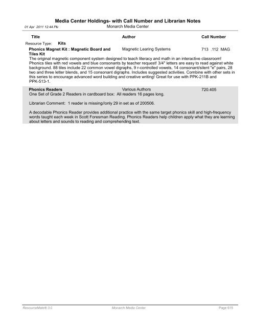 Media Center Holdings- with Call Number and ... - Monarch School