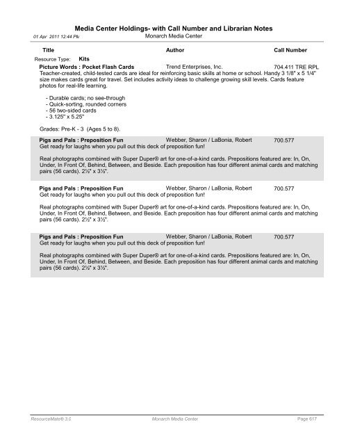 Media Center Holdings- with Call Number and ... - Monarch School