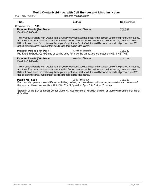 Media Center Holdings- with Call Number and ... - Monarch School