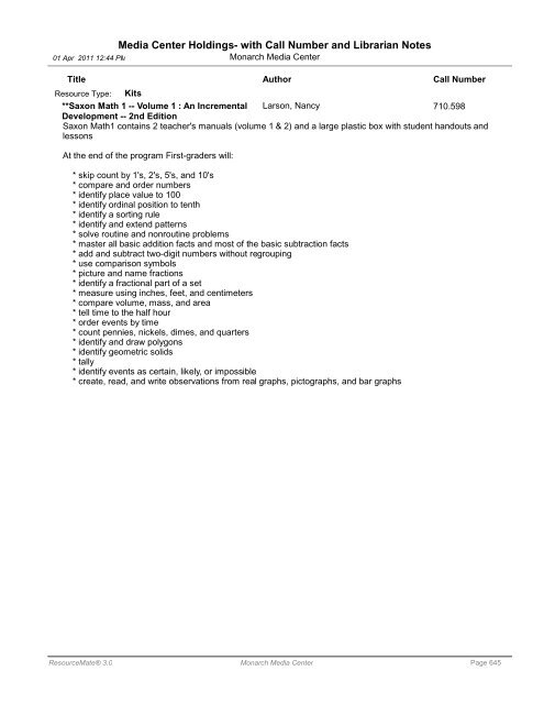 Media Center Holdings- with Call Number and ... - Monarch School