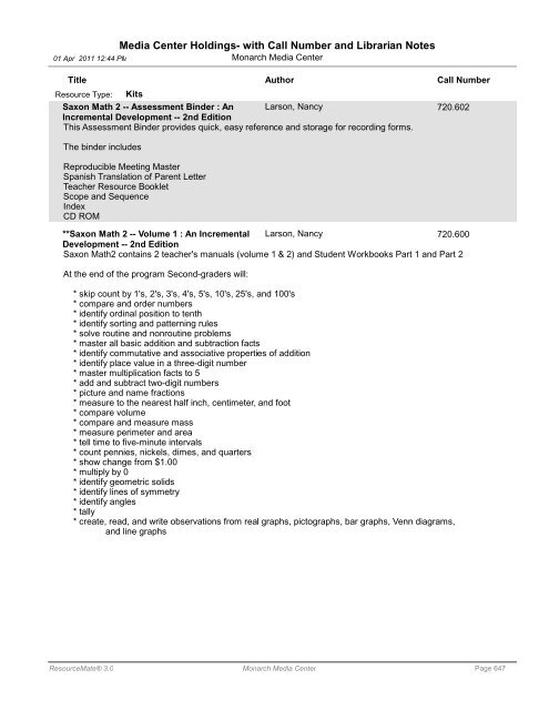 Media Center Holdings- with Call Number and ... - Monarch School