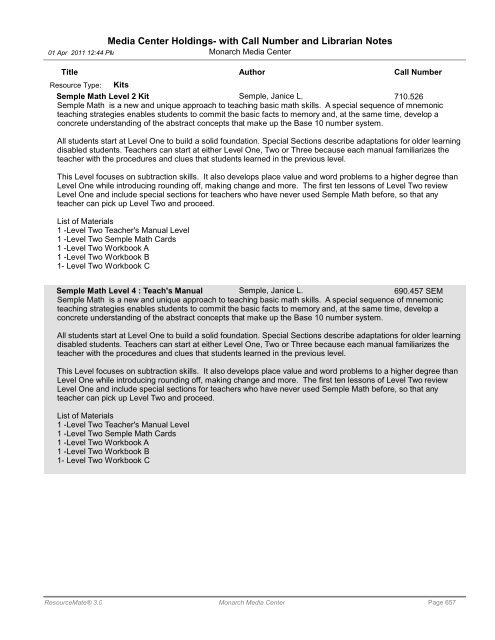 Media Center Holdings- with Call Number and ... - Monarch School