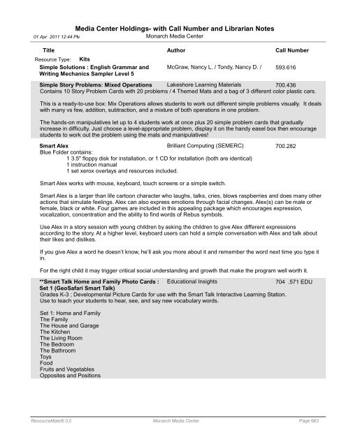 Media Center Holdings- with Call Number and ... - Monarch School