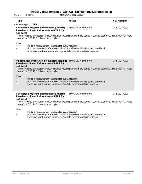 Media Center Holdings- with Call Number and ... - Monarch School