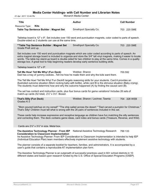 Media Center Holdings- with Call Number and ... - Monarch School