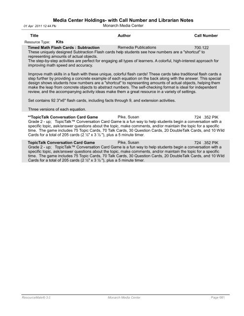 Media Center Holdings- with Call Number and ... - Monarch School