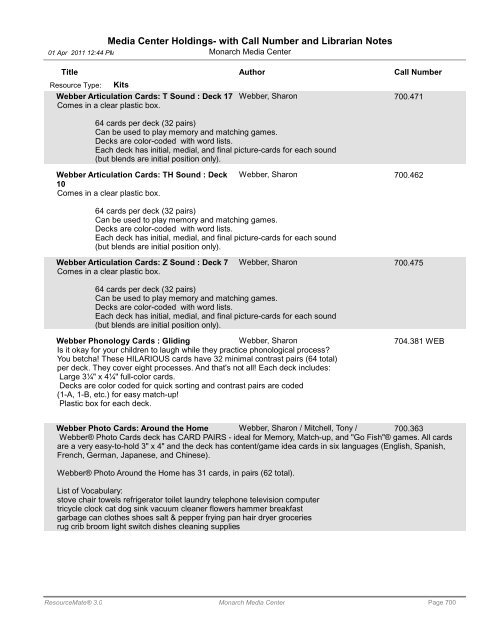 Media Center Holdings- with Call Number and ... - Monarch School