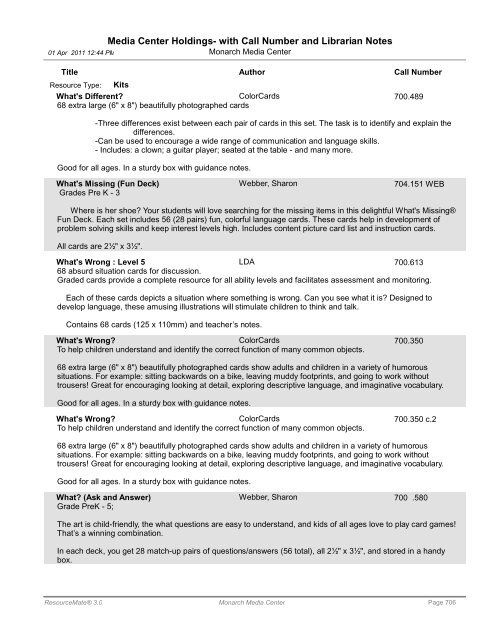 Media Center Holdings- with Call Number and ... - Monarch School