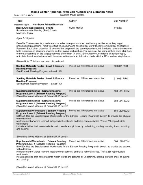 Media Center Holdings- with Call Number and ... - Monarch School