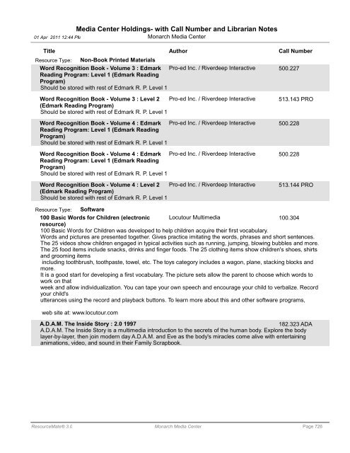 Media Center Holdings- with Call Number and ... - Monarch School