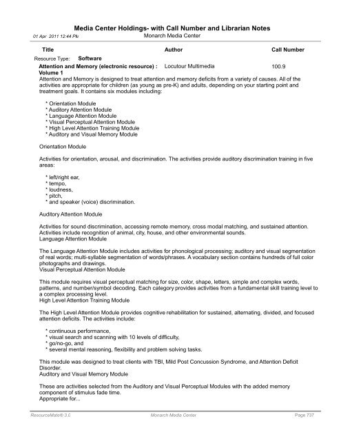 Media Center Holdings- with Call Number and ... - Monarch School