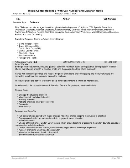 Media Center Holdings- with Call Number and ... - Monarch School