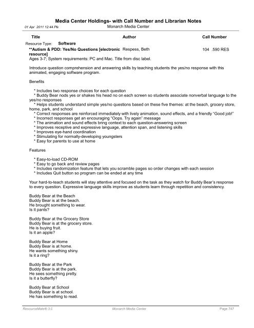 Media Center Holdings- with Call Number and ... - Monarch School