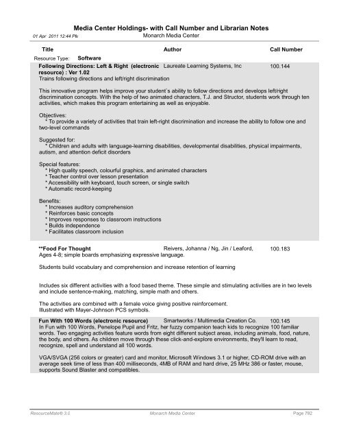 Media Center Holdings- with Call Number and ... - Monarch School