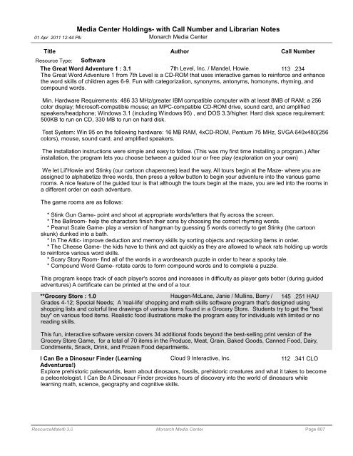 Media Center Holdings- with Call Number and ... - Monarch School