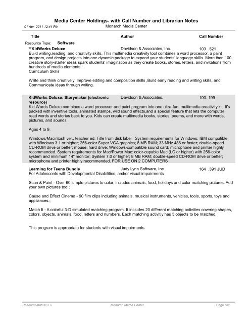 Media Center Holdings- with Call Number and ... - Monarch School