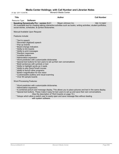 Media Center Holdings- with Call Number and ... - Monarch School