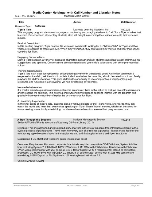 Media Center Holdings- with Call Number and ... - Monarch School