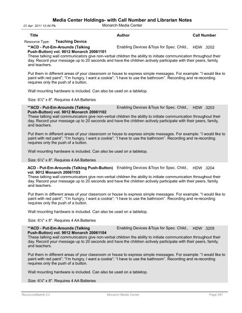 Media Center Holdings- with Call Number and ... - Monarch School