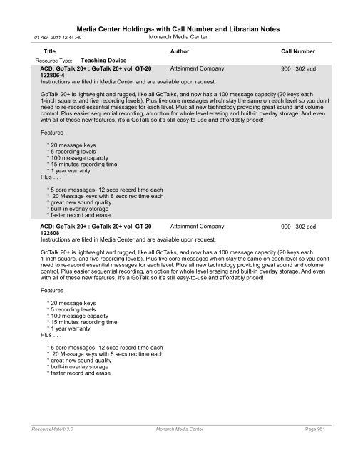 Media Center Holdings- with Call Number and ... - Monarch School