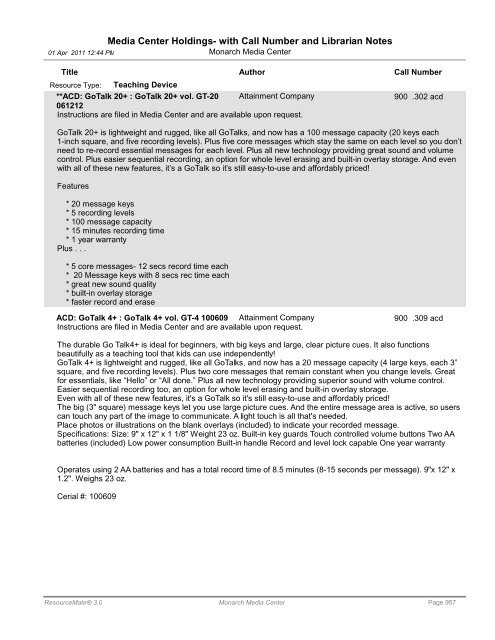 Media Center Holdings- with Call Number and ... - Monarch School