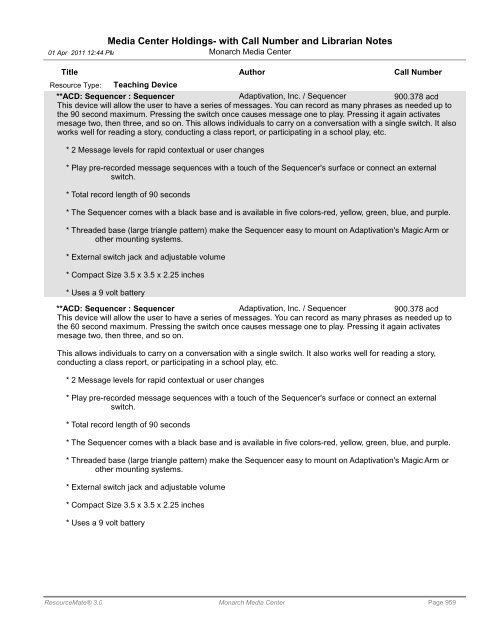 Media Center Holdings- with Call Number and ... - Monarch School