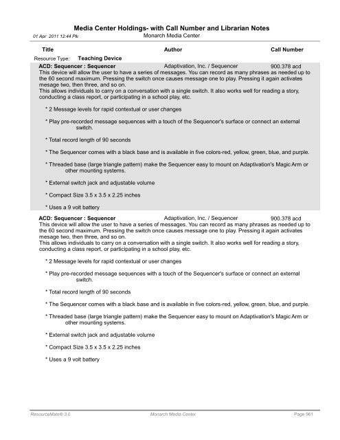 Media Center Holdings- with Call Number and ... - Monarch School