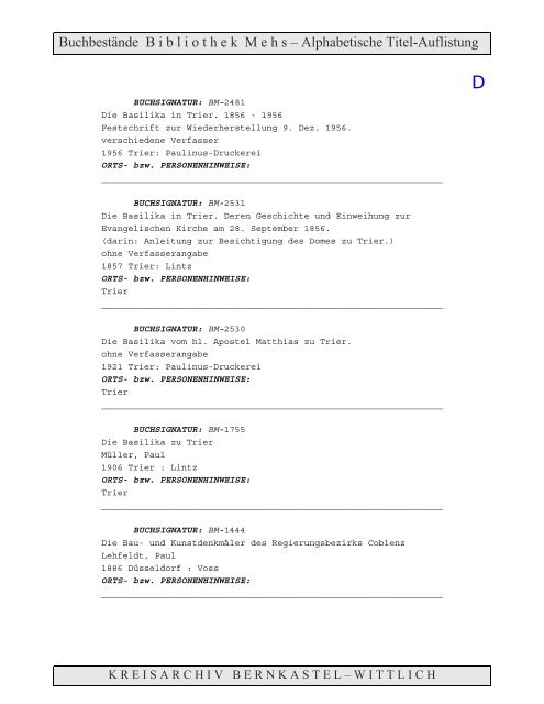 Bestandsverzeichnis der Bibliothek Mehs - Landkreis Bernkastel ...