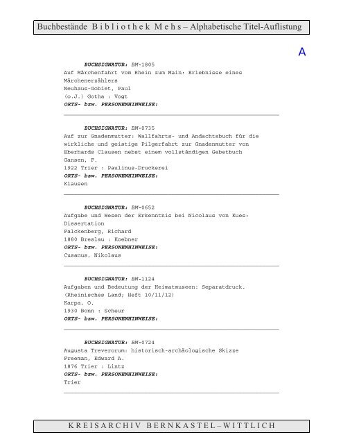 Bestandsverzeichnis der Bibliothek Mehs - Landkreis Bernkastel ...