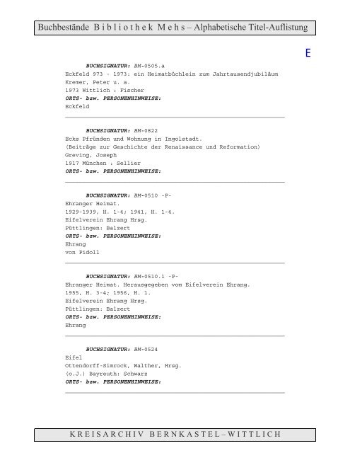 Bestandsverzeichnis der Bibliothek Mehs - Landkreis Bernkastel ...