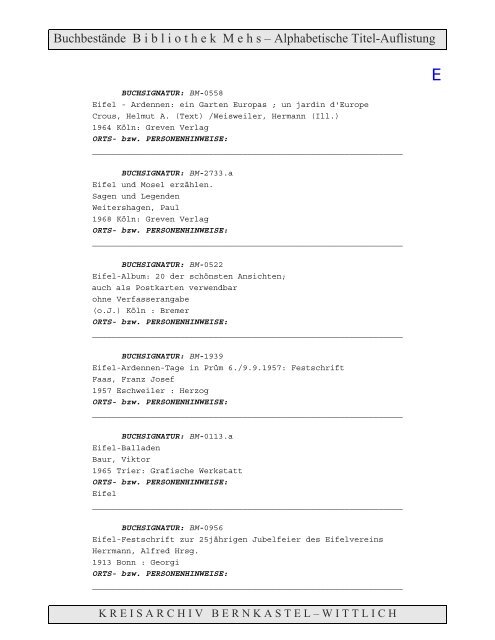 Bestandsverzeichnis der Bibliothek Mehs - Landkreis Bernkastel ...