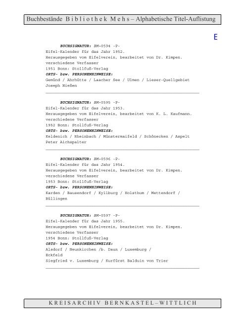 Bestandsverzeichnis der Bibliothek Mehs - Landkreis Bernkastel ...
