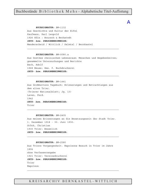 Bestandsverzeichnis der Bibliothek Mehs - Landkreis Bernkastel ...