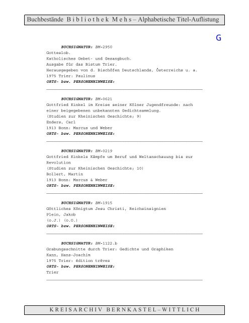 Bestandsverzeichnis der Bibliothek Mehs - Landkreis Bernkastel ...