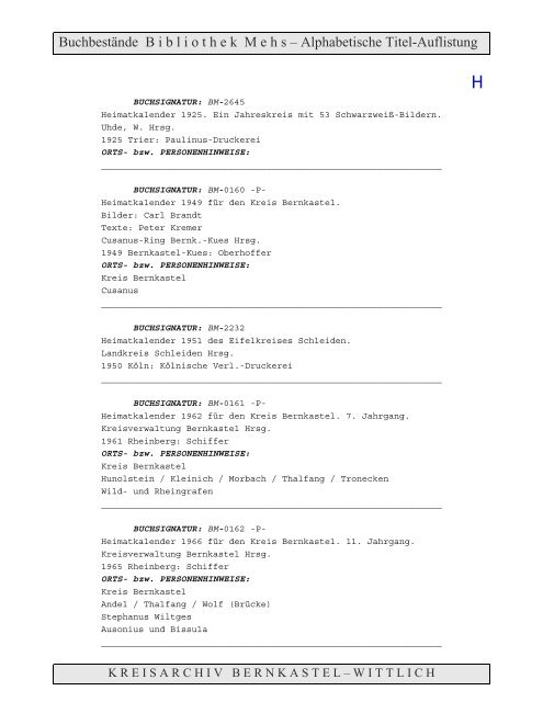 Bestandsverzeichnis der Bibliothek Mehs - Landkreis Bernkastel ...