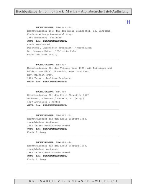 Bestandsverzeichnis der Bibliothek Mehs - Landkreis Bernkastel ...