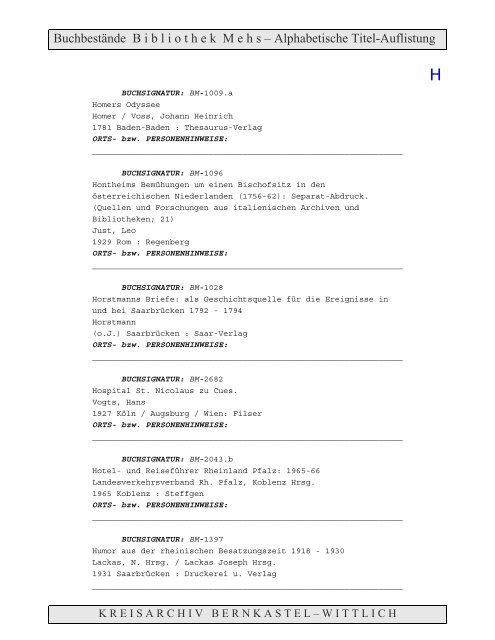 Bestandsverzeichnis der Bibliothek Mehs - Landkreis Bernkastel ...