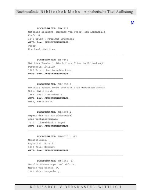 Bestandsverzeichnis der Bibliothek Mehs - Landkreis Bernkastel ...