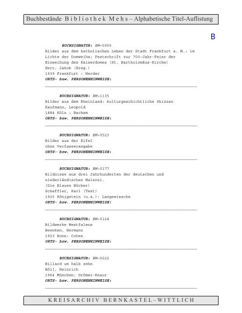 Bestandsverzeichnis der Bibliothek Mehs - Landkreis Bernkastel ...