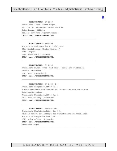 Bestandsverzeichnis der Bibliothek Mehs - Landkreis Bernkastel ...