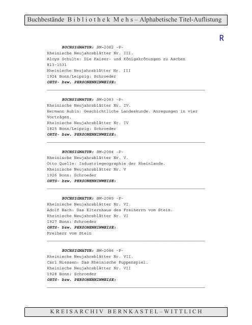 Bestandsverzeichnis der Bibliothek Mehs - Landkreis Bernkastel ...